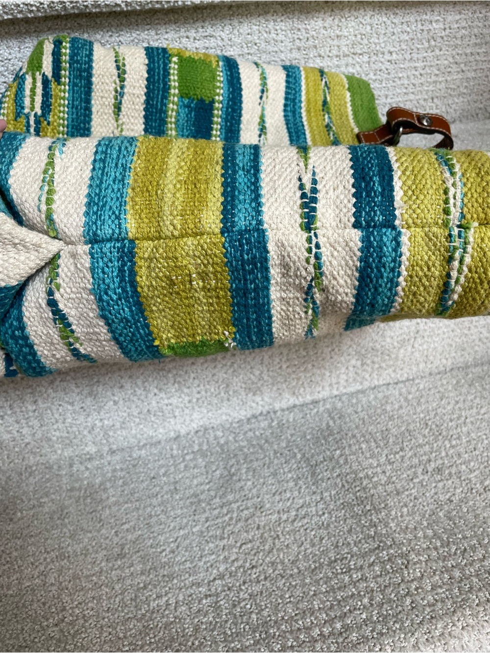Woven Green & Blue Stripe Tote Bag with Leather Straps - Picture 12 of 15
